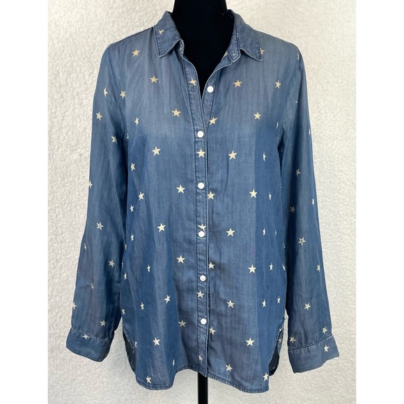 SNEAK PEEK • Blue Chambray Denim Star Print Long Sleeve Button-Down Shirt - Picture 10 of 14